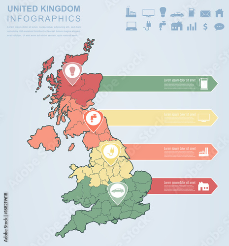 United Kingdom with Infographic elements. Infographics layouts. Vector