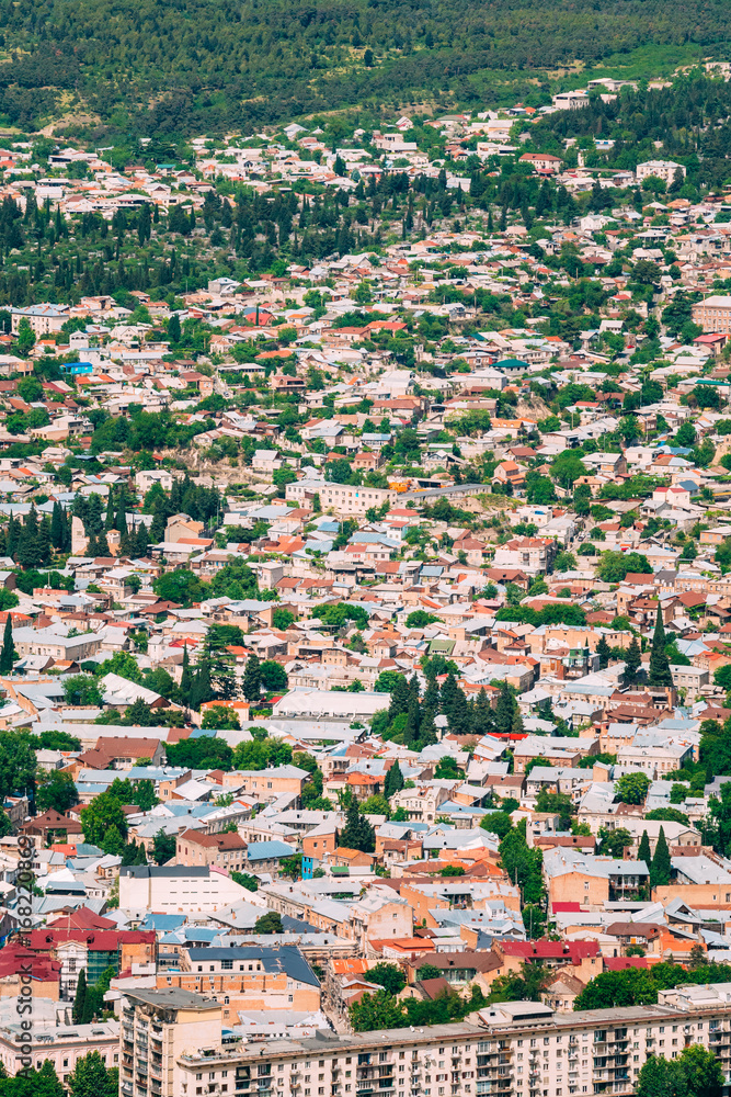 Tbilisi Georgia. Aerial View Of Residential Area. Buildings With Red And White Roofs