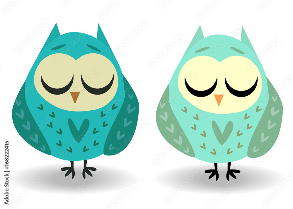 A pair of owls with closed eyes, sleeping in hearts. Drawing for cups, decorations, postcards A pair of owls with closed eyes, sleeping in hearts. Drawing for cups, decorations, postcards