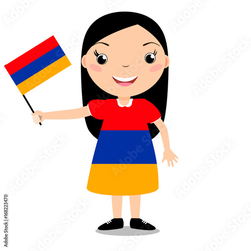 Smiling chilld, girl, holding a Armenia flag isolated on white background. Vector cartoon mascot. Holiday illustration to the Day of the country, Independence Day, Flag Day.