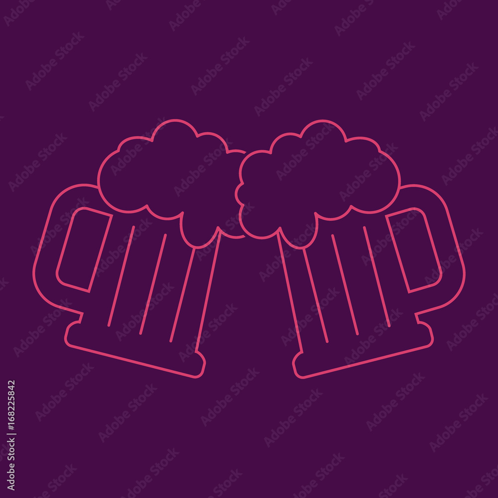 Neon beer glasses cheers with foam, clinking. Flat design vector illustration isolated. Neon beer glasses cheers with foam, clinking. Flat design vector illustration isolated.