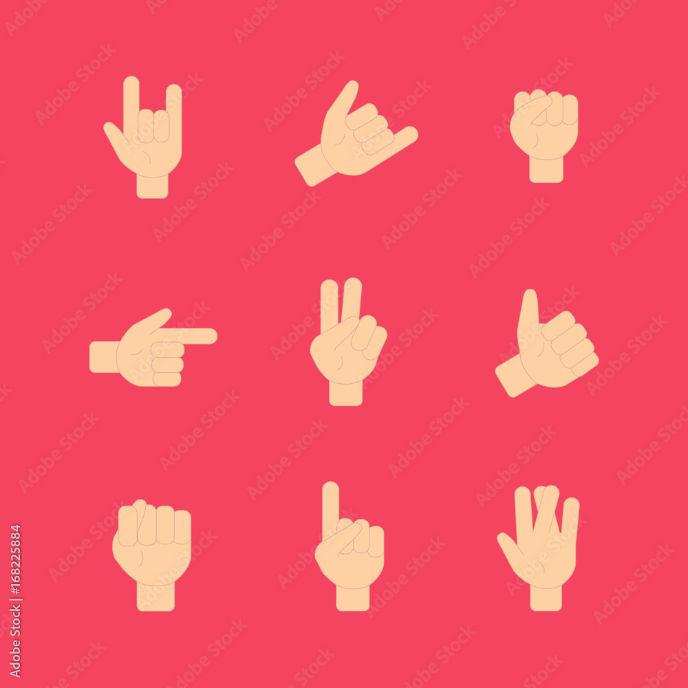 Gesture set wich showing different signs. Vector flat illustration on a red background. Gesture set wich showing different signs. Vector flat illustration on a red background.