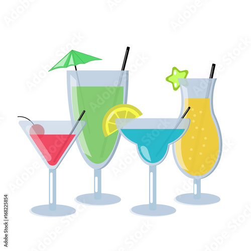 Set of alcoholic cocktails isolated on white background. Different cocktails with blue, orange, green and red color. Vector Illustration