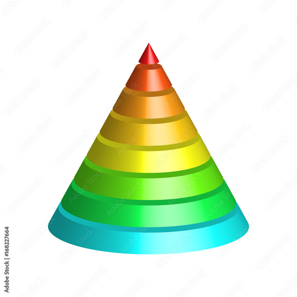 Layered cone. 3D conical pyramid of 8 multicolored rainbow spectrum layers. Vector illustration. Layered cone. 3D conical pyramid of 8 multicolored rainbow spectrum layers. Vector illustration.