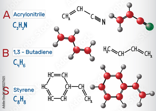 Acrylonitrile butadiene styrene (ABS) - structural chemical formula and model photo