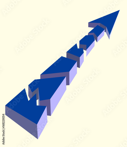 Blue broken arrow pointing upwards on a white background