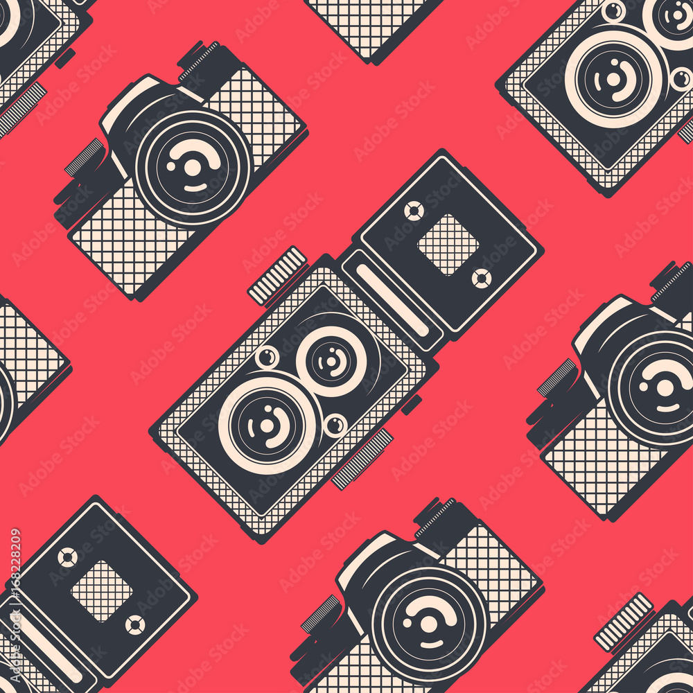 Retro seamless pattern with vintage cameras, vector background