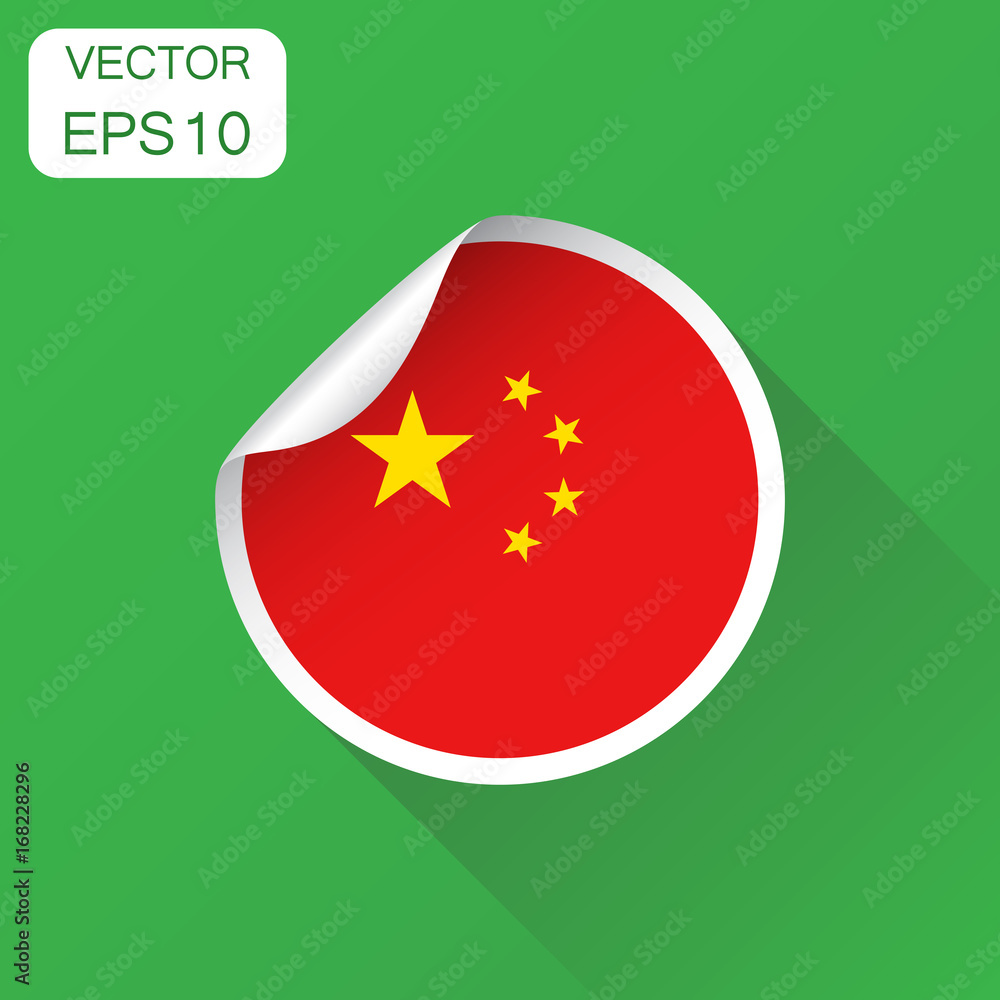 China sticker flag icon. Business concept China label pictogram. Vector illustration on green background with long shadow.