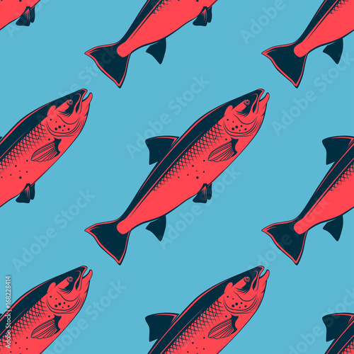 Seafood seamless pattern with pink salmon, vector illustration