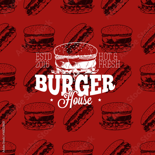 Burger house logo on seamless pattern fast food, vector illustration