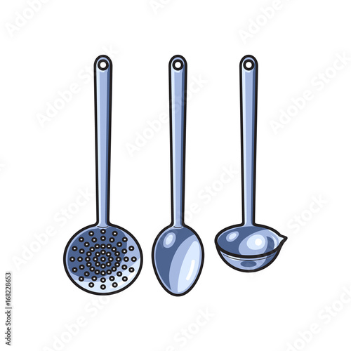 vector steel stainless skimmer ladle set sketch cartoon isolated illustration on a white background. Kitchenware equipment utensil objects concept