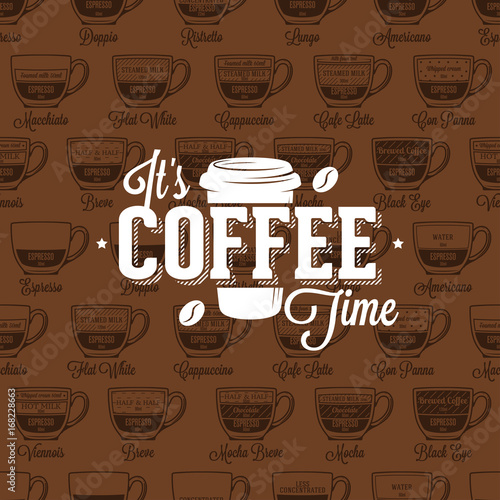Coffe time logo on seamless pattern coffee type recipe, vector illustration