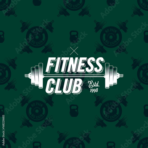 Fitness club logo on seamless pattern with dumbbells, vector illustration