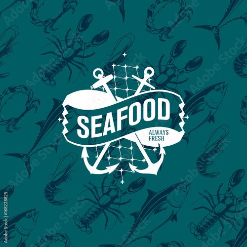 Seafood logo on seamless pattern with tuna, shrimp, crab and lobster, vector illustration