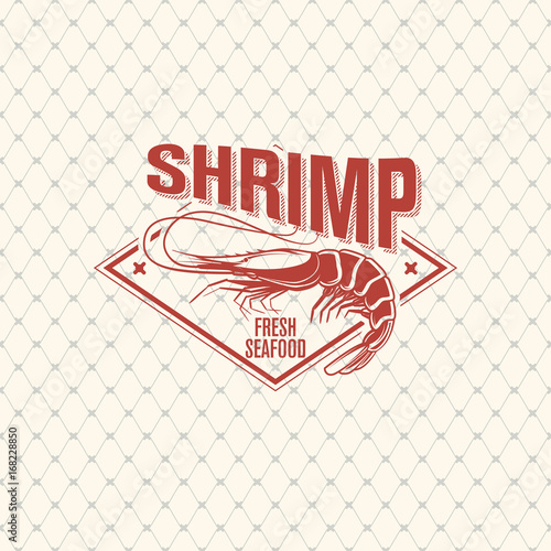 Shrimp logo on seamless pattern with fishing net, vector illustration