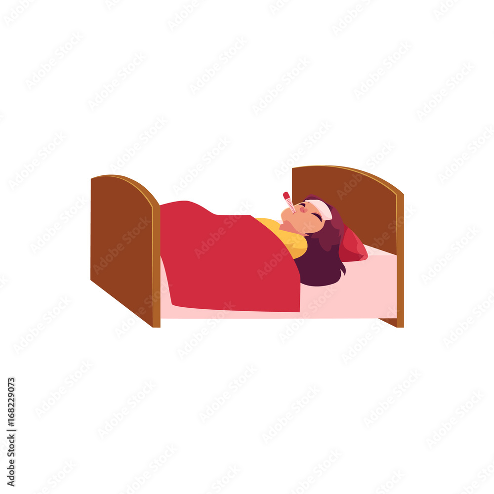 Sick little girl lying in bed with thermometer in mouth and cold pack on  forehead, cartoon