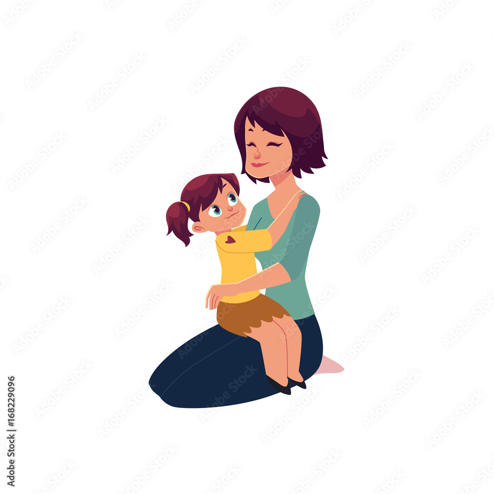 Mom and daughter hugging, embracing each other, little girl sitting on her  mom knee, cartoon vector illustration isolated on white background. Happy  cartoon mother and daughter hugging each other Stock Vector |