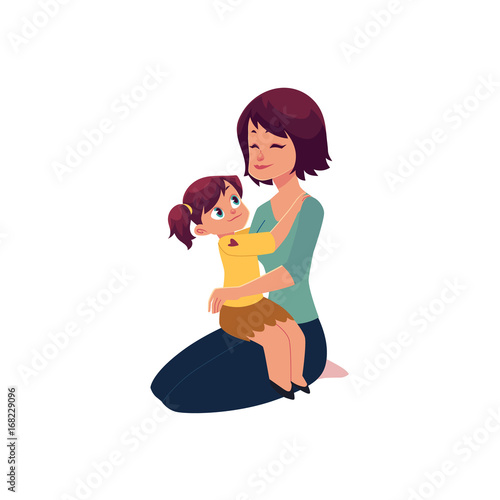 Mom and daughter hugging, embracing each other, little girl sitting on her mom knee, cartoon vector illustration isolated on white background. Happy cartoon mother and daughter hugging each other