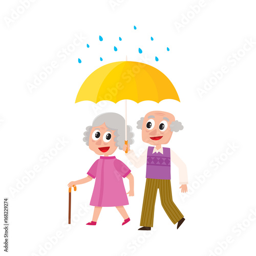 vector grey-haired man and woman walks in the rain happily keeping umbrella in hand. Flat cartoon isolated couple illustration on a white background