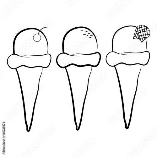 Set of ice cream cone vector flat illustration. Cherry, chocolate and mint ice creams in wafer vanilla cones.