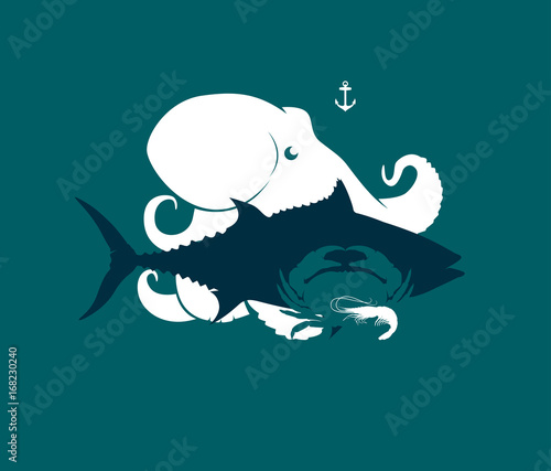 Silhouette of seafood octopus, tuna, crab and shrimp, vector illustration
