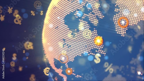 Abstract World Globe Rotation with currency signs and points major cities. Global business technology concept. Seamless loop.
