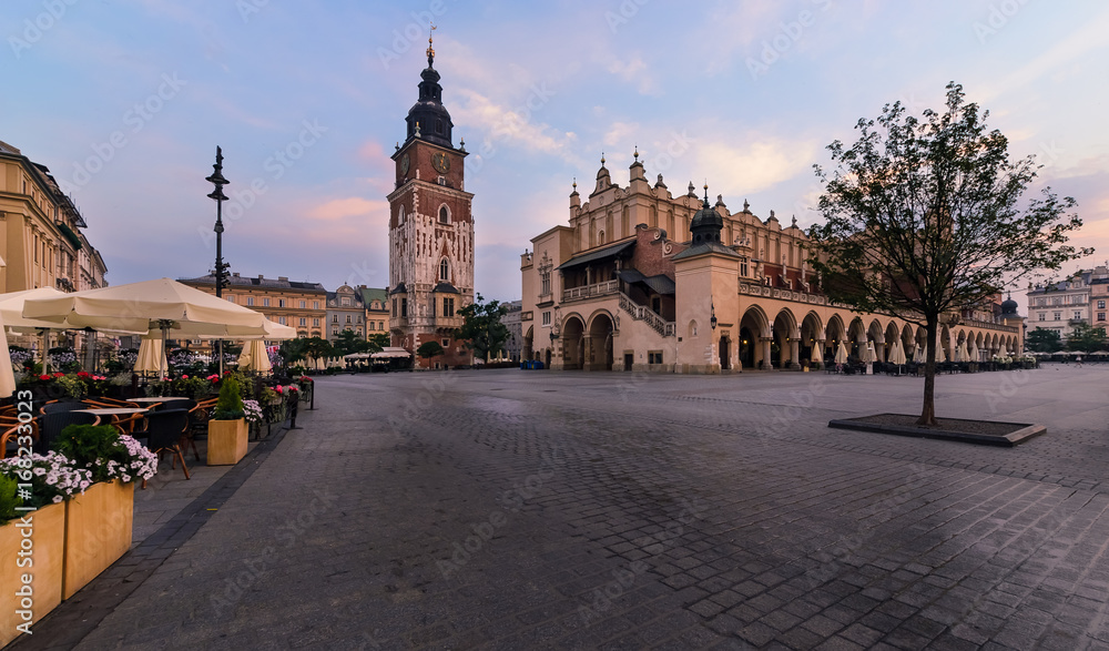 The main square of Krakow in the morning in summer.
