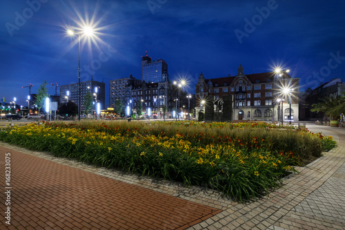 Central square of the Katowice in the evening.
