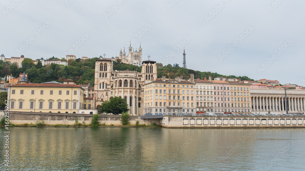 Basilica Notre-Dame de Fourviere and Saint-Jean cathedral, Lyon in France, on the hill, symbol of the city
