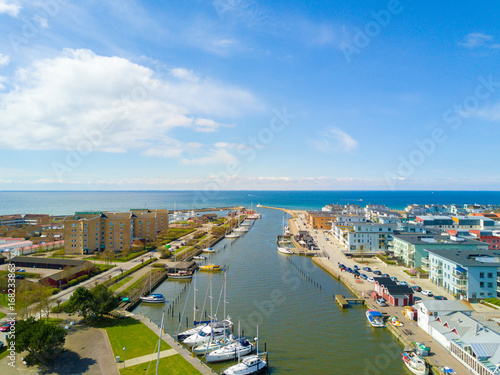 Aerial view of the small town with some yachts by the North sea photo