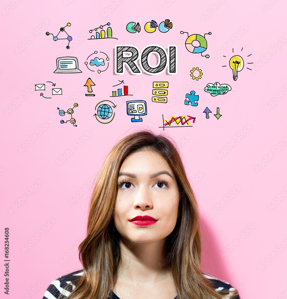ROI text with young woman on a pink background ROI text with young woman on a pink background