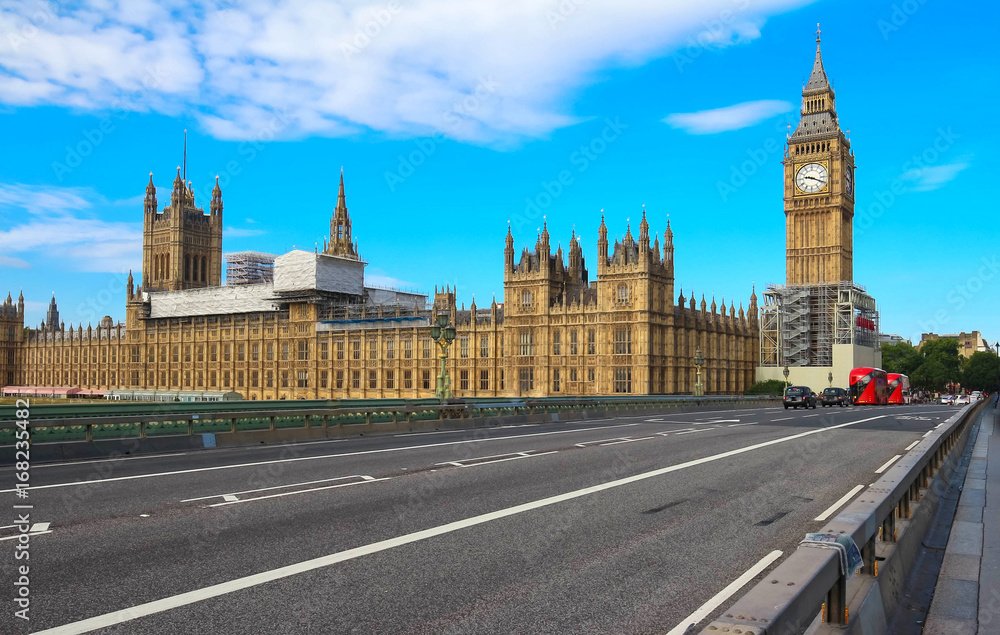 The Big Ben and Westminster Bridge in London.