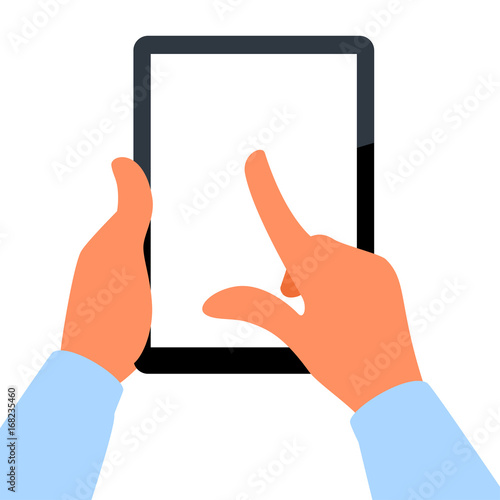 Male hands holding blank tablet vertically. Finger on the screen. Layered vector file. You can place your own infornation on the screen. Clipping mask used.