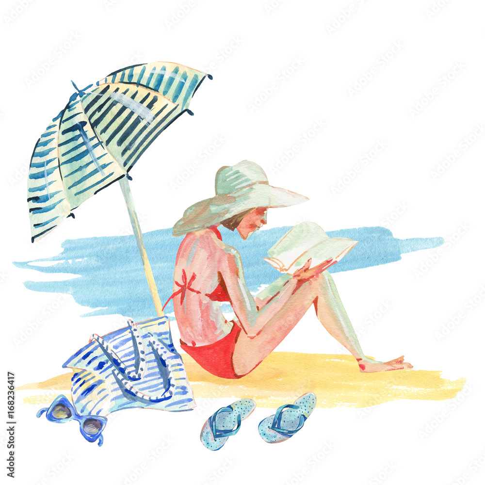 Watercolor girl on the beach