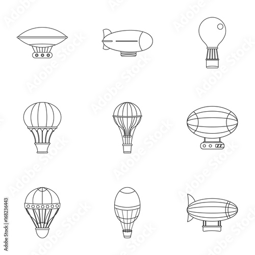 Types of airship icon set, outline style