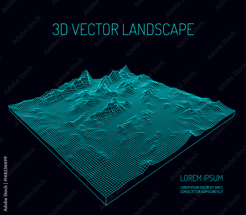 3D Vector landscape. Contour. Abstract digital landscape with particles