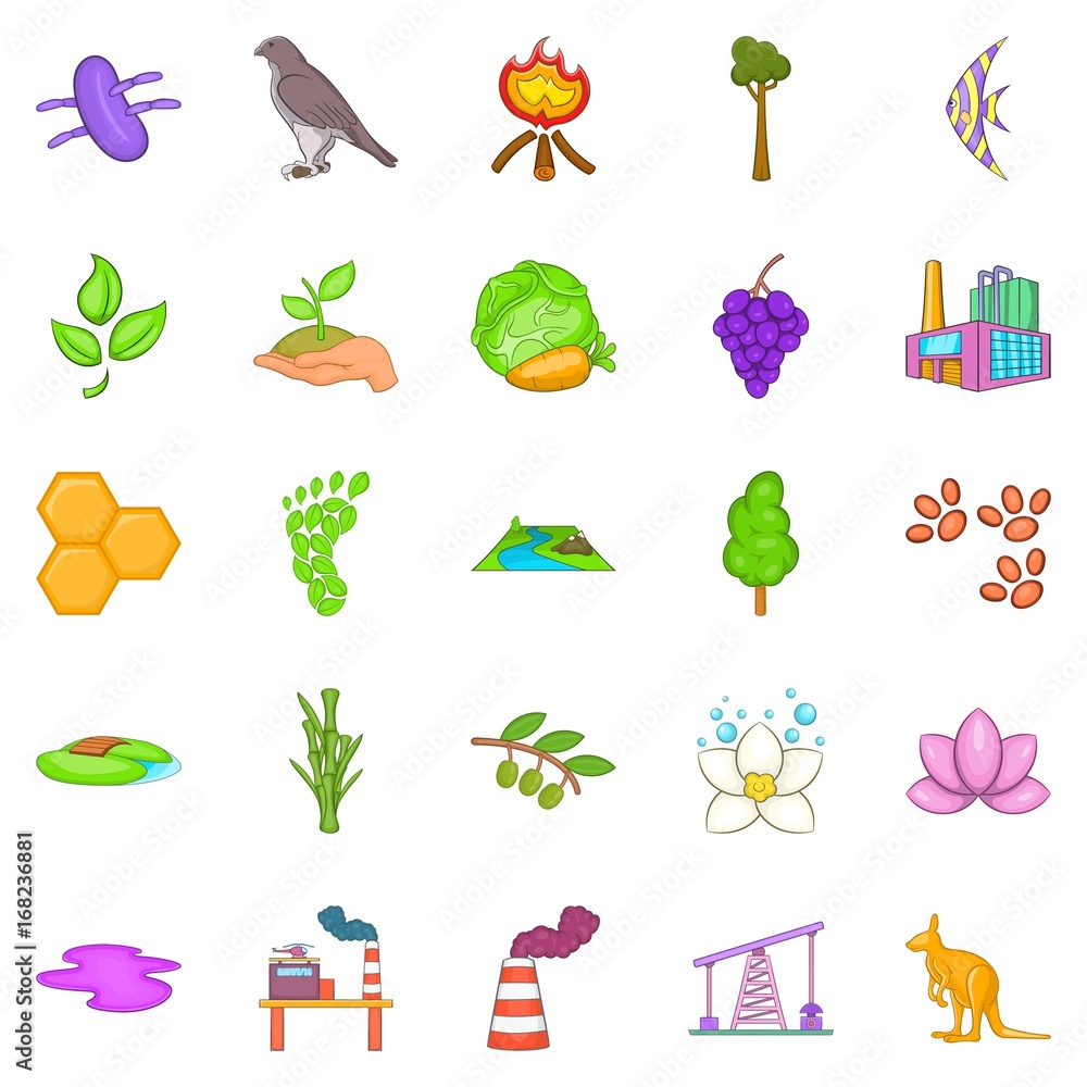 Pollution of nature icons set, cartoon style