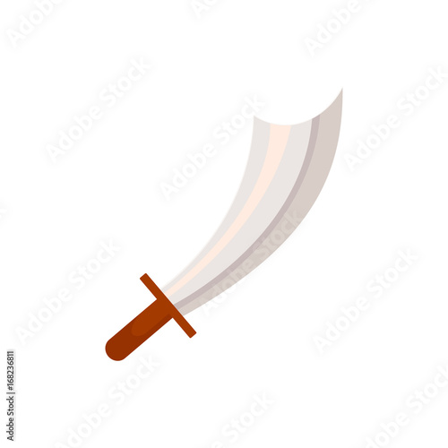 Pirate, corsair medieval cutlass, sword with curved blade, comic style cartoon vector illustration isolated on white background. Cartoon pirate sword, cutlass, curved-blade saber