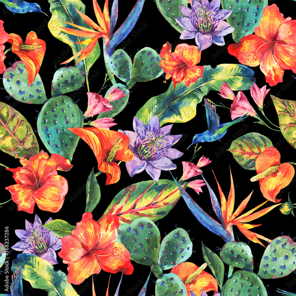 Cactus summer watercolor seamless pattern