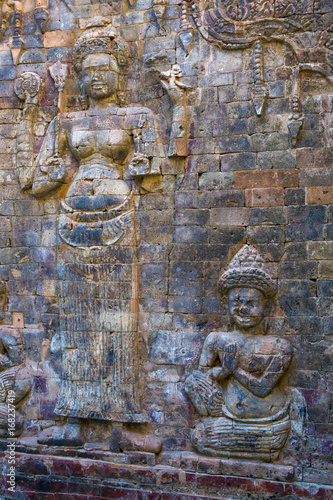 Cambodia. Siem Reap. Carved stone patterns on temple walls Banteay Srey (Xth Century)..
