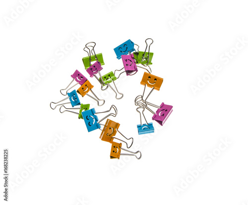 a lot of colorful binder clips on a isolate white background