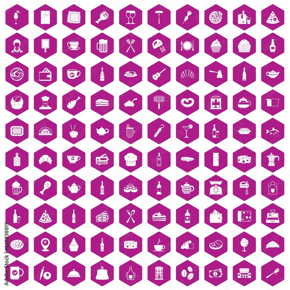 100 restaurant icons hexagon violet 100 restaurant icons hexagon violet
