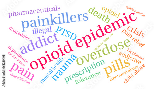 Opioid Epidemic Word Cloud on a white background. 