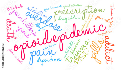 Opioid Epidemic Word Cloud on a white background. 