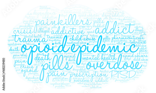 Opioid Epidemic Word Cloud on a white background. 