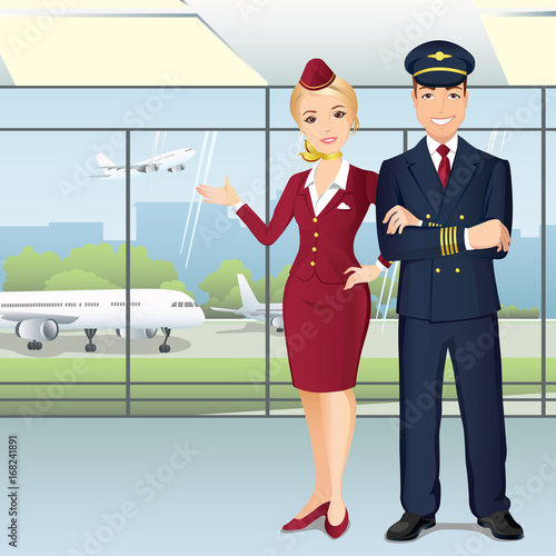 Pilot and Flight attendants of Commercial Airlines in the airport. Sky team. Flat design, vector cartoon.