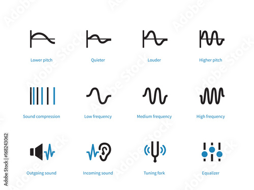 Music and audio types duotone icons on white background.