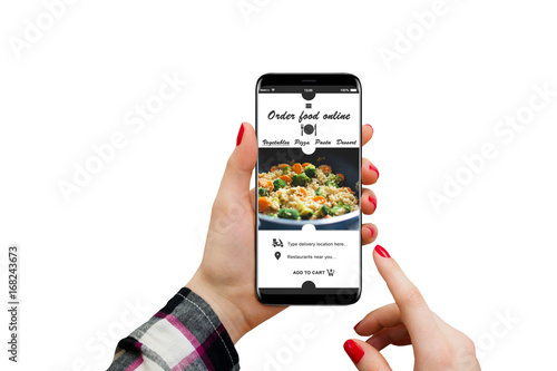 Female hands holding smartphone and ordering vegetarian food with app, isolated on white background