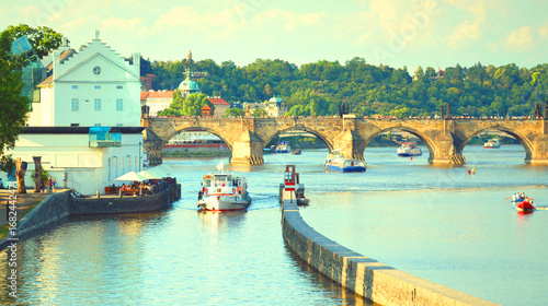 Prague, Vltava river with Charles bridge and Museum of Art on Kampa island © imedkova