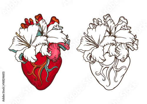 Heart with white lilies in romantic style. Blooming Heart concept.